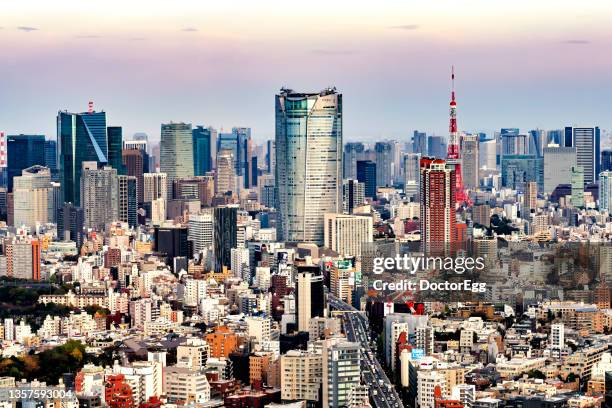 roppingi hills mori tower with tokyo tower ,cityscape of tokyo, japan - collines de roppongi photos et images de collection