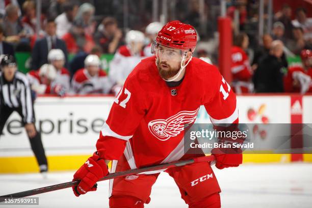 Filip Hronek of the Detroit Red Wings gets set for the face-off against the Montreal Canadiens during an NHL game at Little Caesars Arena on November...
