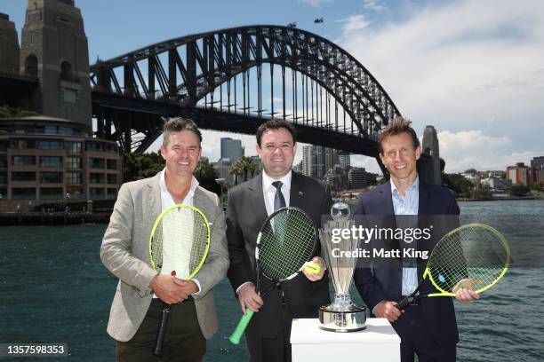 Former tennis player and commentator Todd Woodbridge, NSW Minister for Tourism Stuart Ayres and ATP Cup Tournament Director Tom Larner pose with the...