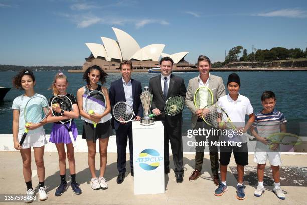 Cup Tournament Director Tom Larner, NSW Minister for Tourism Stuart Ayres and former tennis player and commentator Todd Woodbridge pose with the ATP...