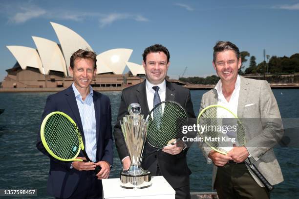 Cup Tournament Director Tom Larner, NSW Minister for Tourism Stuart Ayres and former tennis player and commentator Todd Woodbridge pose with the ATP...
