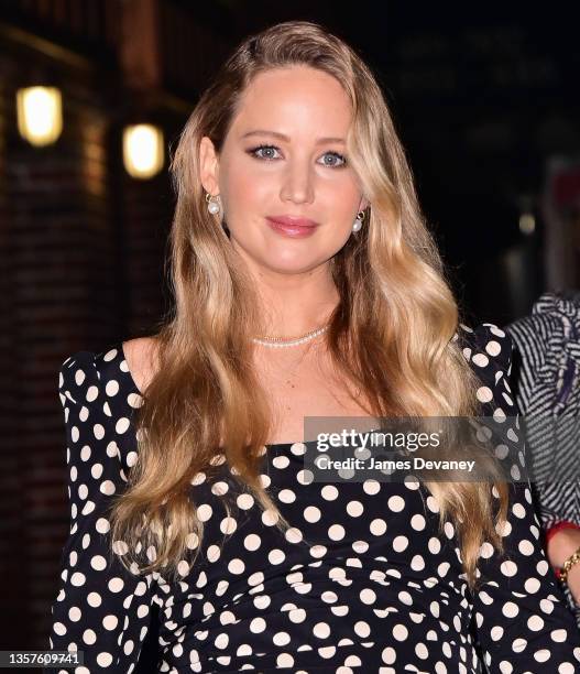 Jennifer Lawrence visits the 'The Late Show With Stephen Colbert' at the Ed Sullivan Theater on December 06, 2021 in New York City.