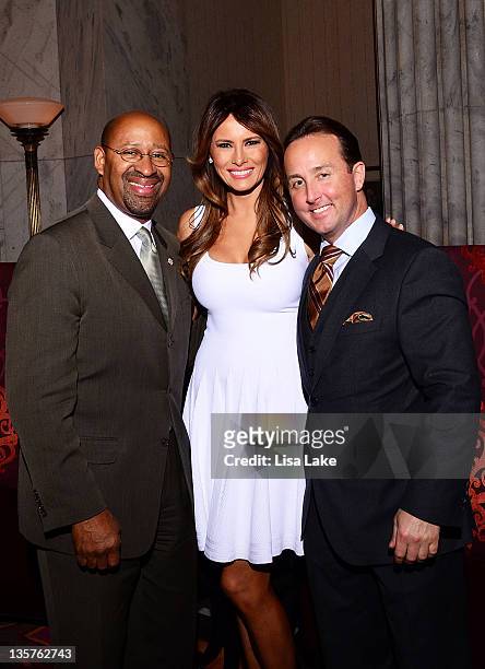 Philadelphia Mayor Michael Nutter, Melania Trump and John Colabelli attend The Philadelphia Style Magazine cover event hosted by Melania Trump at...
