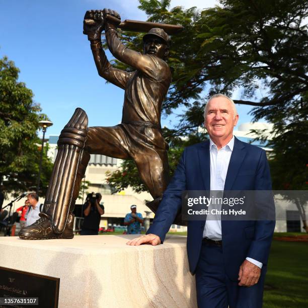 Allan Border poses at the unveiling of The Allan Border statue at The Gabba on December 07, 2021 in Brisbane, Australia.