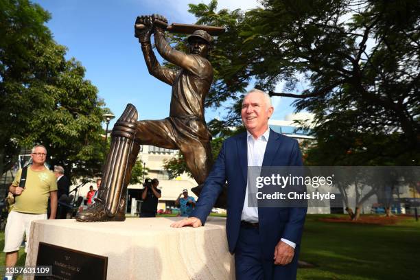 Allan Border poses at the unveiling of The Allan Border statue at The Gabba on December 07, 2021 in Brisbane, Australia.