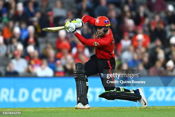 Mackenzie Harvey of the Renegades bats during the Men's Big Bash League match between the Melbourne Renegades and the Adelaide Strikers at Marvel...