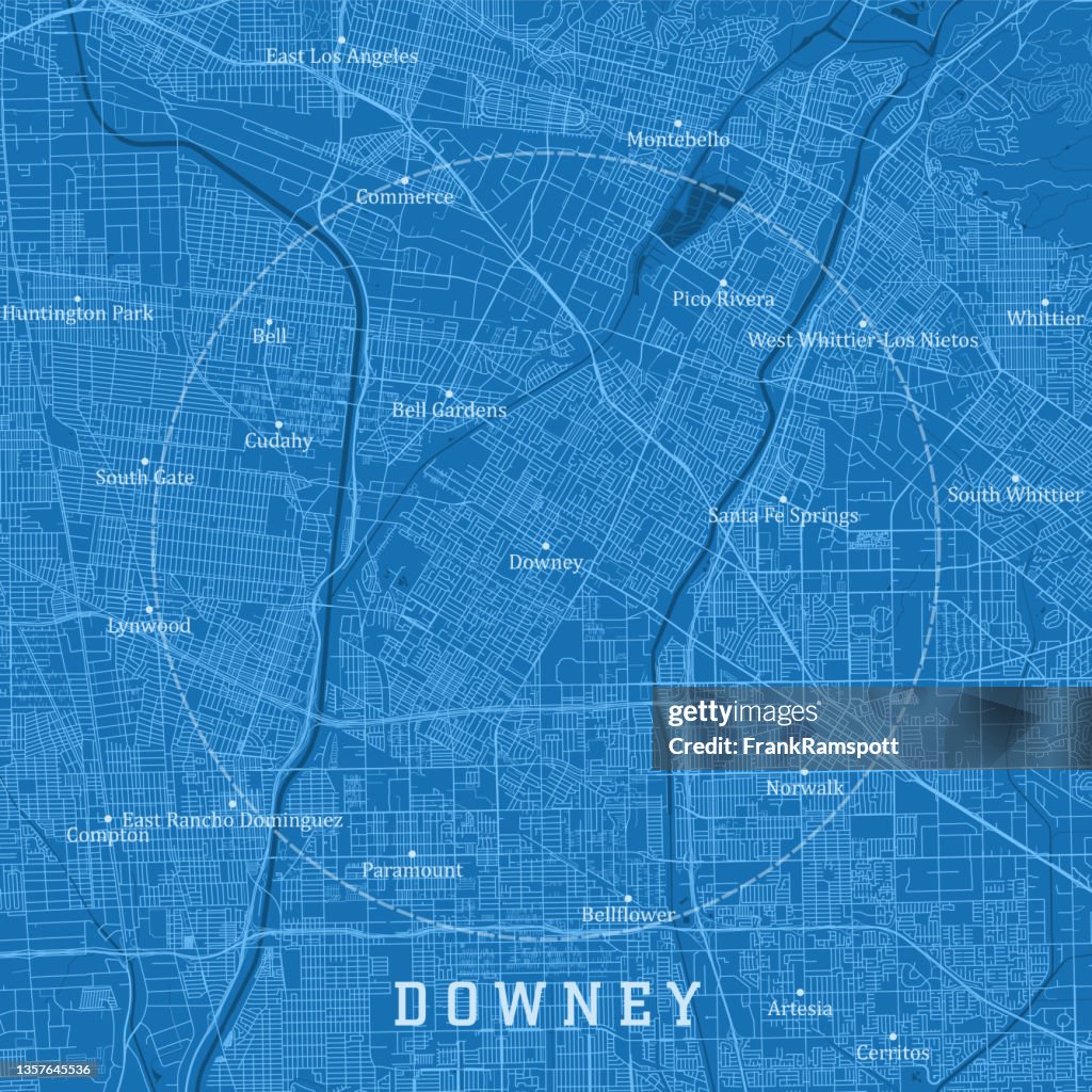 Downey CA City Vector Road Map Blue Text