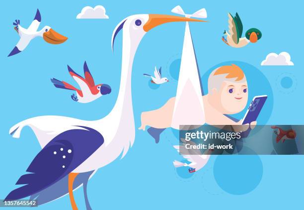 illustrations, cliparts, dessins animés et icônes de cigogne accoucher d’un nouveau-né qui regarde un smartphone avec des oiseaux - wild party