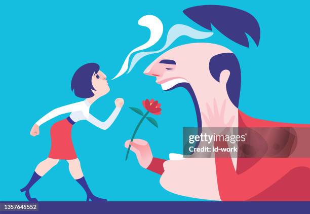 woman blowing away wig of man - balding stock illustrations