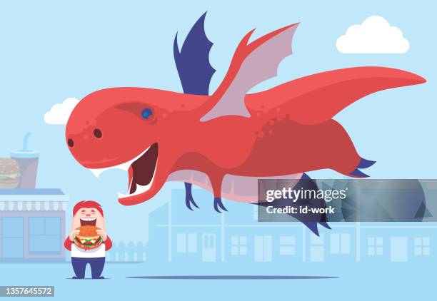 illustrazioni stock, clip art, cartoni animati e icone di tendenza di bambino che mangia hamburger accanto al dinosauro volante - funny burger vector
