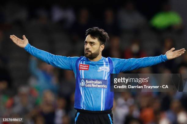 Rashid Khan of the Adelaide Strikers celebrates the wicket of Mackenzie Harvey of the Renegades during the Men's Big Bash League match between the...