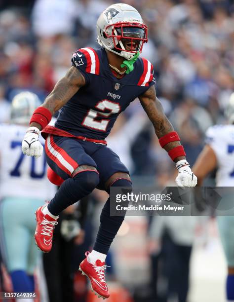 Jalen Mills of the New England Patriots celebrates during the game against the Dallas Cowboys at Gillette Stadium on October 17, 2021 in Foxborough,...
