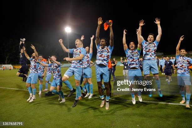 Leichhardt celebrate their win during the FFA Cup round of 16 match between Leichhardt FC and Western Sydney Wanderers at Leichhardt Oval on December...