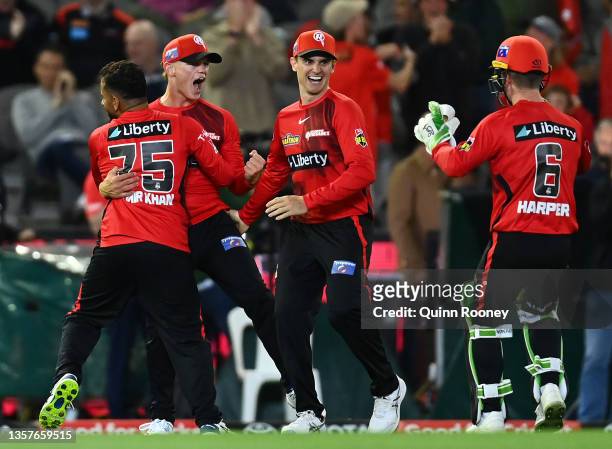 Jake Fraser-McGurk of the Renegades celebrates taking a catch to dismiss Jake Weathered of the Adelaide Strikers during the Men's Big Bash League...