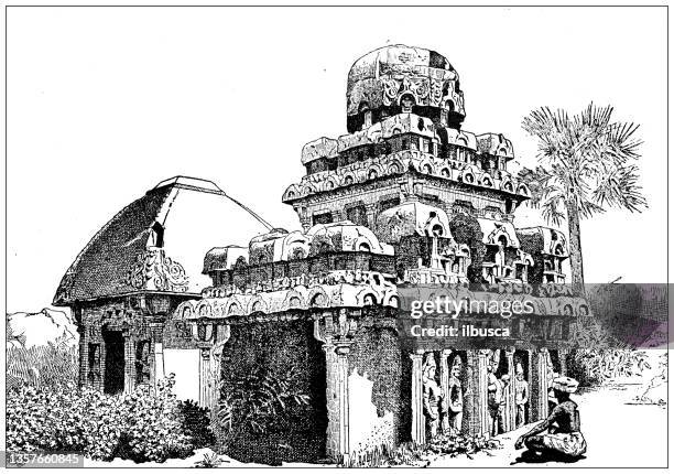 illustrazioni stock, clip art, cartoni animati e icone di tendenza di illustrazione antica: mamallapuram, india - tamil nadu