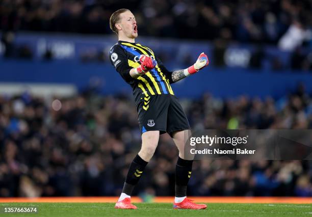 Jordan Pickford of Everton celebrates his sides first goal during the Premier League match between Everton and Arsenal at Goodison Park on December...