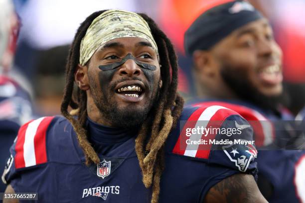 Brandon Bolden of the New England Patriots looks on from the sideline during the game against the Cleveland Browns at Gillette Stadium on November...