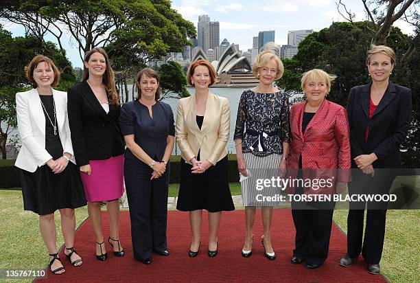 Australian Prime Minister Julia Gillard is joined by the minister for the Status of Women, Julie Collins , the minister for Early Childhood,...