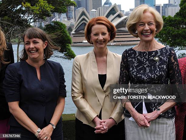 Australian Prime Minister Julia Gillard is joined by Australian Attorney-General Nicola Roxon and Governor-General Quentin Bryce at Admiralty House...