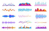 Sound waves set. Voice wave sounds, musical impulse graph. Vibrant music player interface, digital audio pulse signal. Waveform frequency exact vector kit