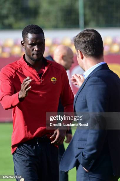 Roma player Maissa Ndiaye and Sports Director Tiago Pinto during training session at Centro Sportivo Fulvio Bernardini on December 07, 2021 in Rome,...