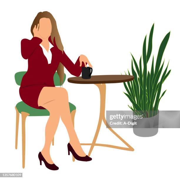 geschäftsfrau im coffeeshop brünette - pretty brunette woman cartoon stock-grafiken, -clipart, -cartoons und -symbole