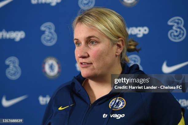 Emma Hayes, Manager of Chelsea speaks to media during a Chelsea FC Women's Press Conference at Chelsea Training Ground on December 07, 2021 in...