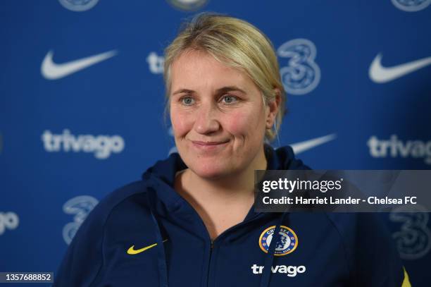 Emma Hayes, Manager of Chelsea speaks to media during a Chelsea FC Women's Press Conference at Chelsea Training Ground on December 07, 2021 in...
