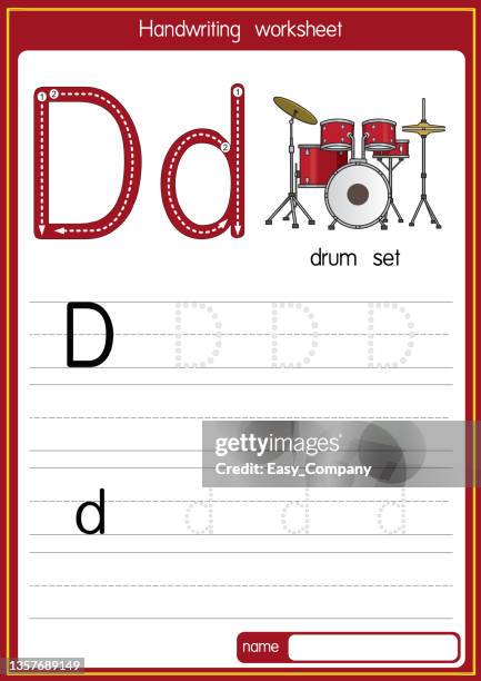 vector illustration of drum set with alphabet letter d upper case or capital letter for children learning practice abc - snare drum stock illustrations