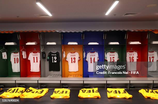 General view inside the Jordan locker room prior to the FIFA Arab Cup Qatar 2021 Group C match between Jordan and Palestine at Stadium 974 on...