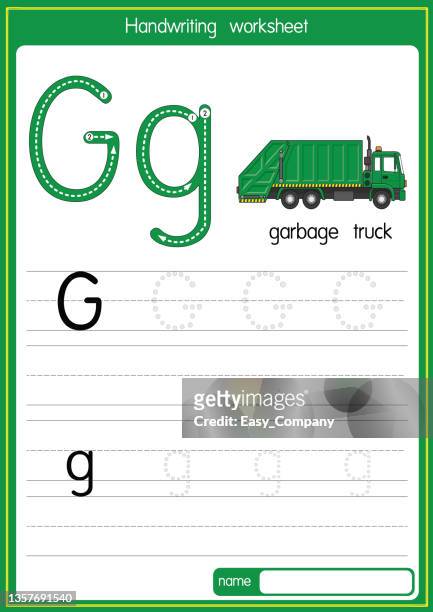vector illustration of garbage truck   with alphabet letter g upper case or capital letter for children learning practice abc - easy load stock illustrations