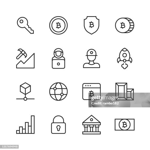 illustrazioni stock, clip art, cartoni animati e icone di tendenza di icone della linea bitcoin. tratto modificabile, contiene icone come anonimo, banca, blockchain, grafico, moneta, rete di computer, cpu, criptovaluta, valuta, finanza, oro, gpu, chiave, libro mastro, mercato, minatore, mining, denaro, sicurezza, trasferimen - digital transformation