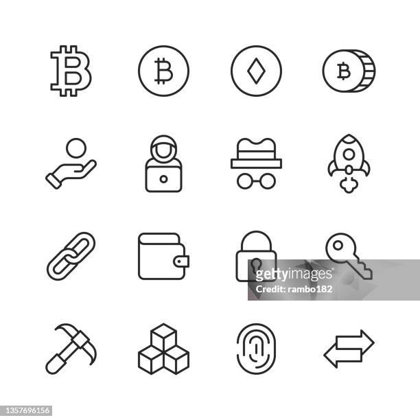 cryptocurrency line icons. editable stroke, contains such icons as bitcoin, block, blockchain, chart, coin, computer network, cpu, cryptocurrency, currency, digital, ethereum, finance, gpu, key, miner, mining, money, network, nft, security, wallet, web3. - bitcoin stock illustrations