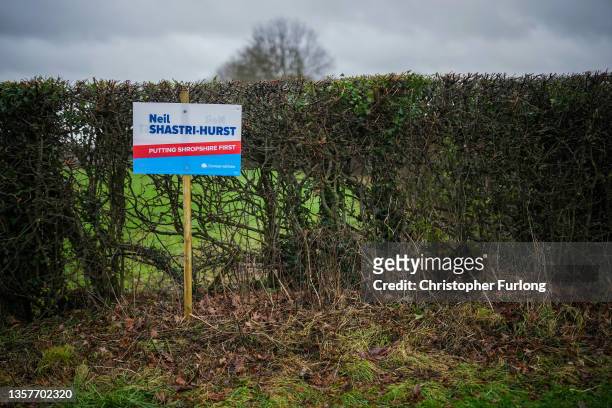 Campaign poster for the Conservative Party stands in a village as candidates in the North Shropshire by-election campaign for votes on December 07,...