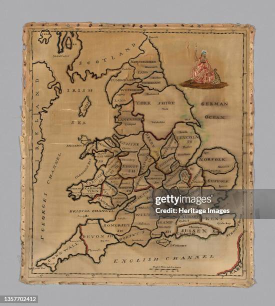 Sampler , England, circa 1800. The counties of England and Wales, the 'German Ocean', and Britannia. Artist Unknown.