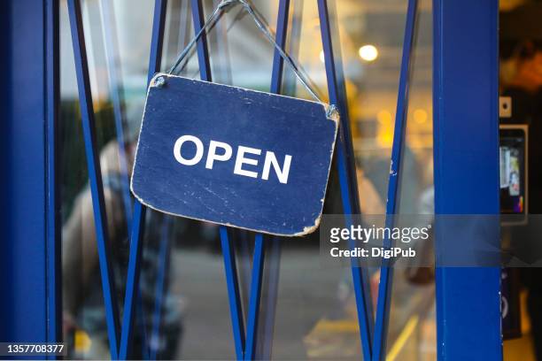 english open sign hanging on the door - butiksinvigning bildbanksfoton och bilder
