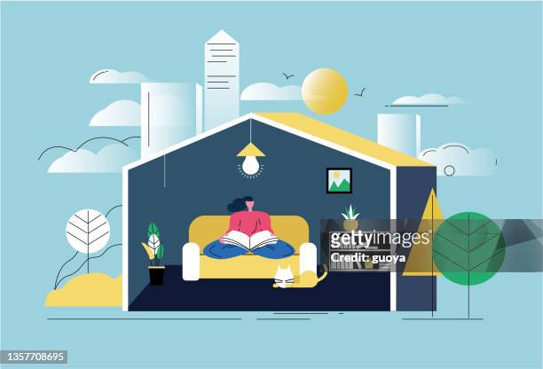 women stay at home to study and live leisurely. - quarantaine stock illustrations