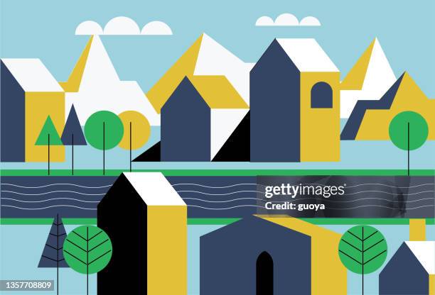 towns, rivers, houses, trees, landscapes. - woodland pattern stock illustrations