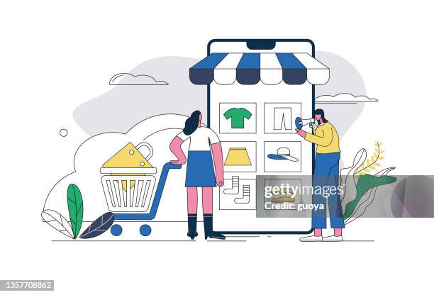 ilustraciones, imágenes clip art, dibujos animados e iconos de stock de compras móviles en línea, comercio electrónico, promociones en línea. - pago por móvil