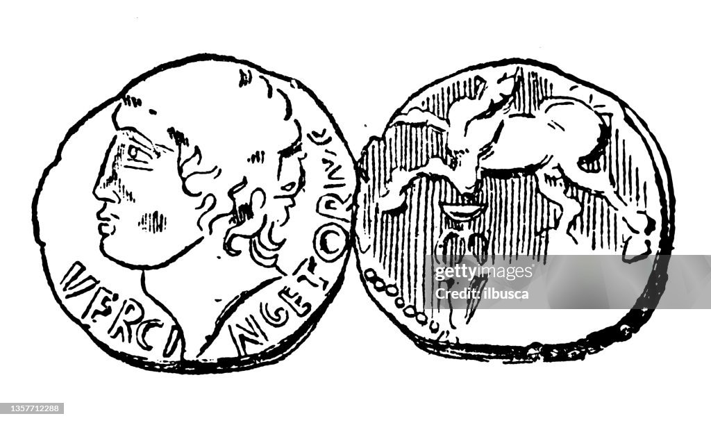 Antique illustration: Ancient coin Vercingetorix