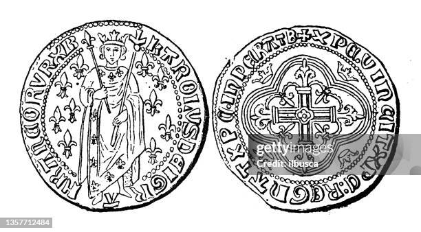 antique illustration: ancient coin charles vii - ancient roman coin stock illustrations