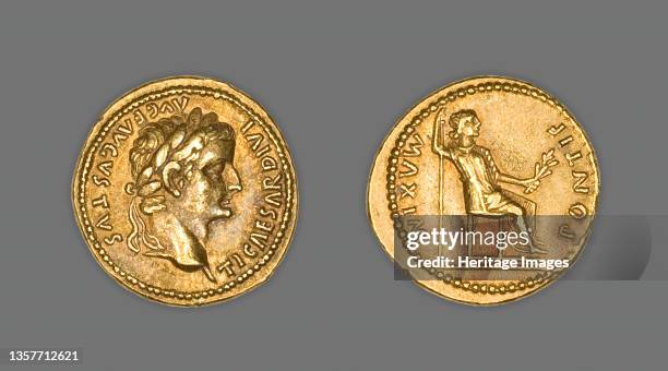 Aureus Portraying Emperor Tiberius, 15-37 CE, issued by Tiberius. Reverse: possibly Tiberius's mother Livia as Pax, enthroned with sceptre and...