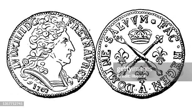 antique illustration: ancient coin louis xiv - roi soleil stock illustrations