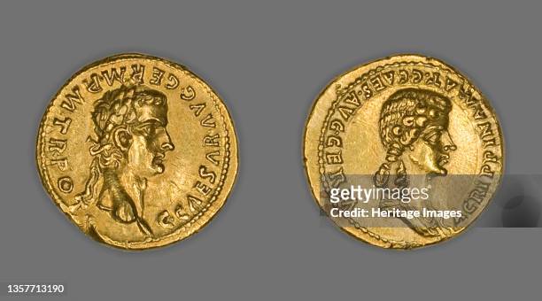Aureus Portraying Emperor Caligula, 37-38 CE, issued by Caligula. Reverse: bust of Agrippina I. Minted in Rome. Artist Unknown.