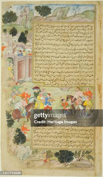 Al-Mu'tazz Sends Gifts to Abdulla ibn Abdulla, from a copy of the Tarikh-i Alfi, 1592/94. Artist Unknown.