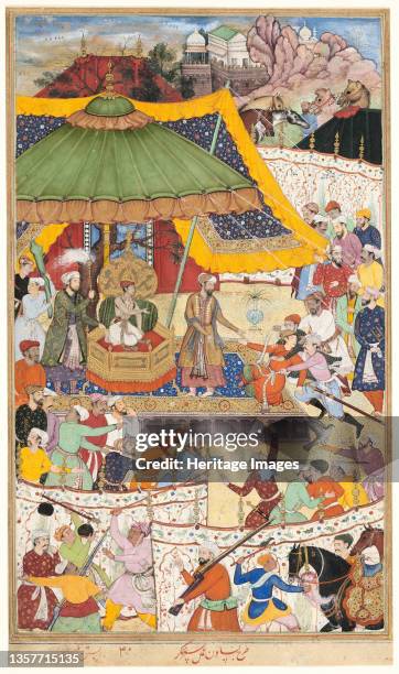 The Young Emperor Akbar Arrests the Insolent Shah Abul-Maali, page from a manuscript of the Akbarnama, circa 1590/95. Artist Unknown.