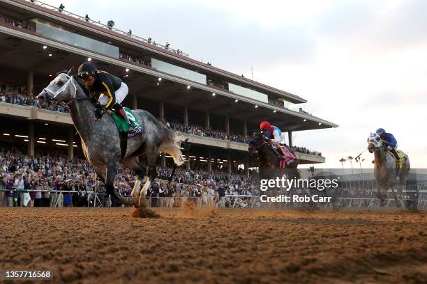 Jockey Joel Rosario rides Knicks Go to win the Breeders' Cup Classic at Del Mar Race Track on November 06, 2021 in Del Mar, California.