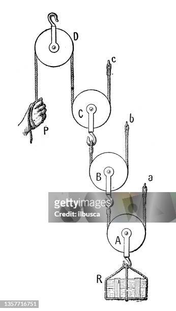 antique illustration: pulley system - mass unit of measurement stock illustrations