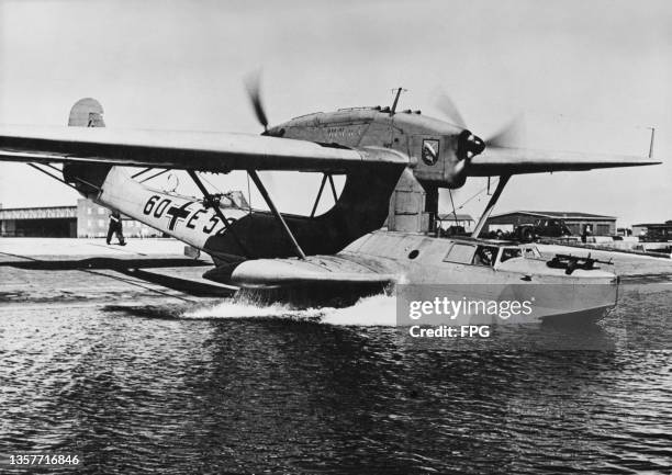 Luftwaffe Dornier Do18 maritime recconnaisance flying boat 60+E52 from Luftwaffe 2 Staffel Kustenfliegergruppe 506 prepares to take off for a patrol...