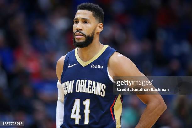 Garrett Temple of the New Orleans Pelicans reacts during the second half at Smoothie King Center on December 01, 2021 in New Orleans, Louisiana. NOTE...